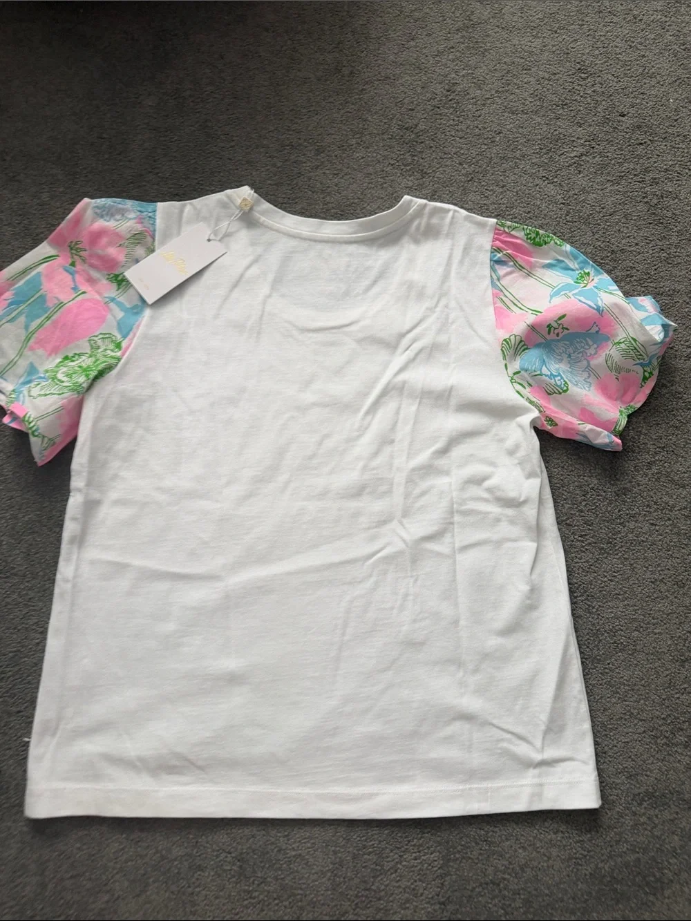 Lilly Pulitzer Brittan White Knit Top with Pink, Green & Blue Floral Puff Sleeve